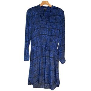 Lucky Brand S Blue Black Shirt Dress Long Sleeve Adj Elastic Waist Flowy Boho